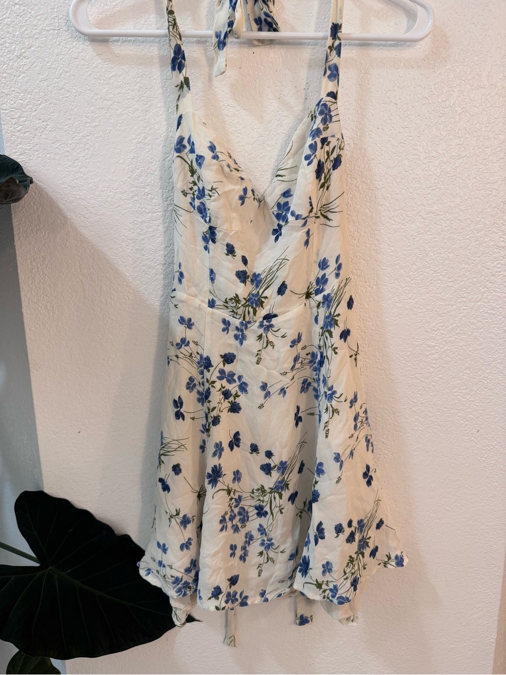 Reformation White Mini Dress with Blue Floral Print Halter Neck Tie A-line Skirt